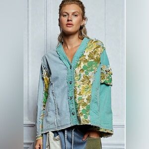 POL NWOT Large Patchwork Denim Jacket with Green Floral Accents